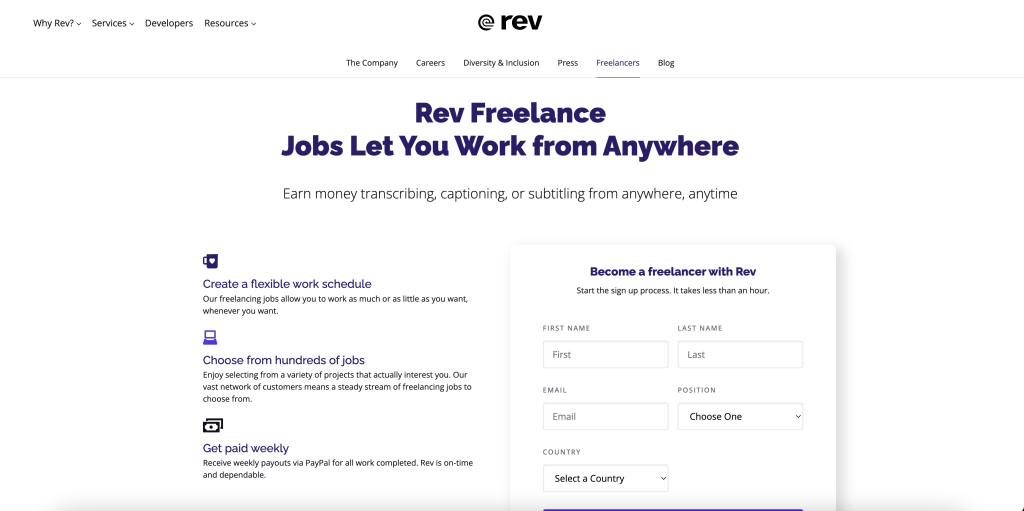 Rev Freelancer Application Home Page